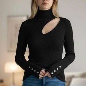 Cache Black Cutout Turtleneck Sweater Button Sleeve Detail Size M